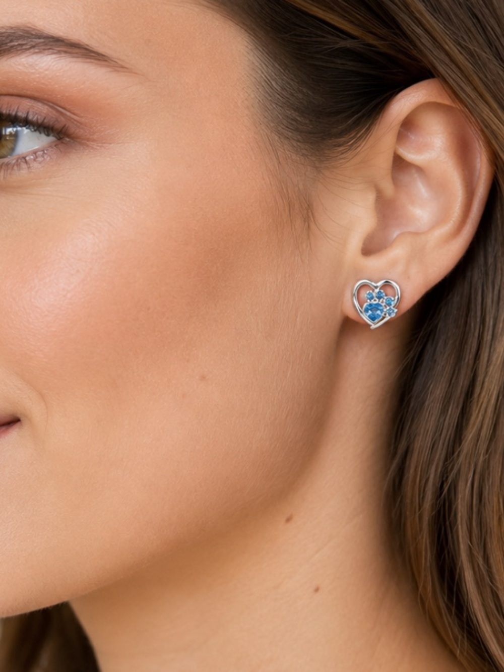 NWT Silver Heart Paw Print Stud Earrings Blue Rhinestone Crystal Animal Lover